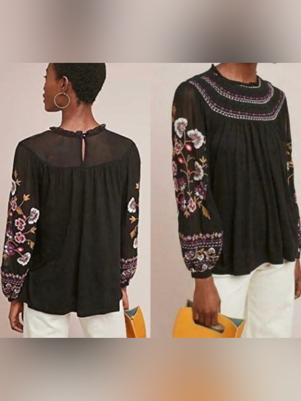 Anthropologie Akemi + Kin Boho Embroidered Black Peasant Blouse